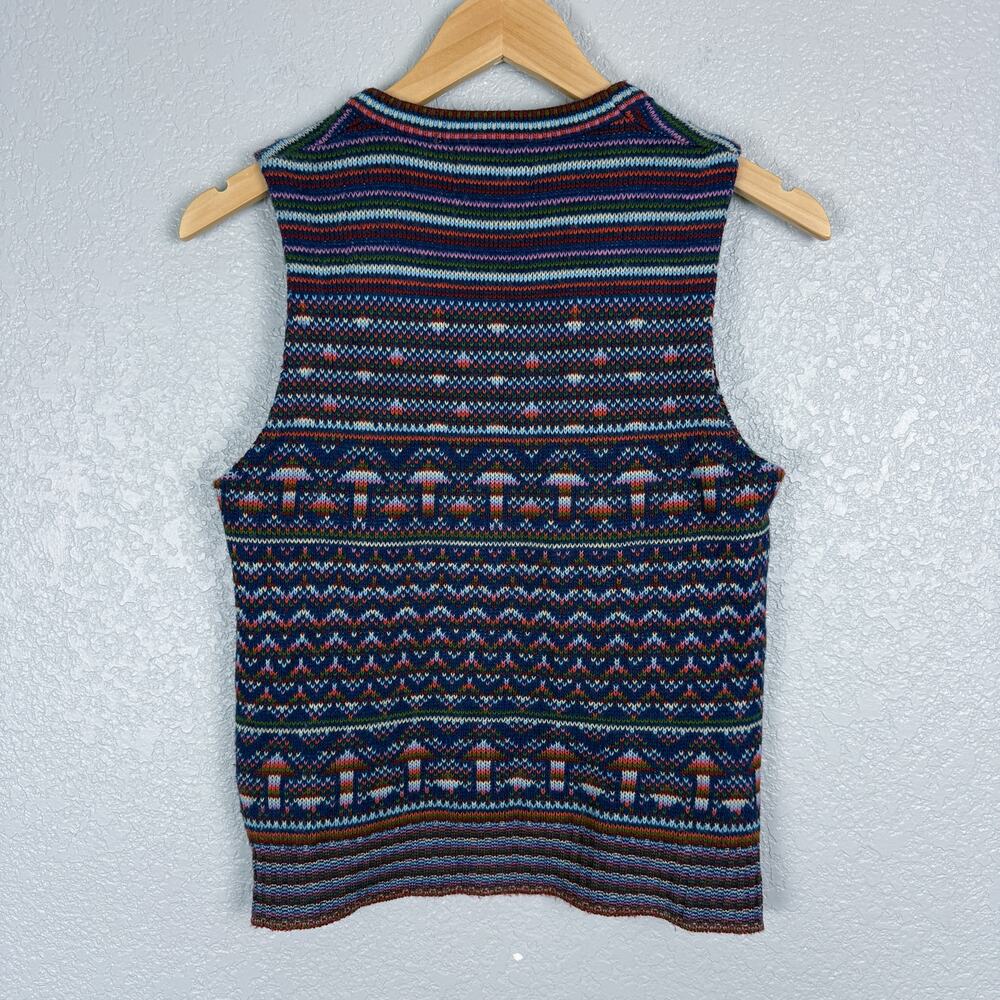 Vintage Mushroom Fair Isle Blue Knit Sweater Vest 70s 80s Eclectic Grandpa Blue - Picture 4 of 8